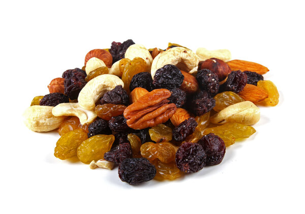 mixed nuts and raisins isolated on white