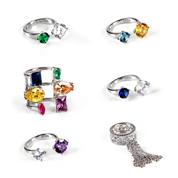 Kolekcja luksusowe Diamentowe pierścienie, na białym tle — Zdjęcie stockowe