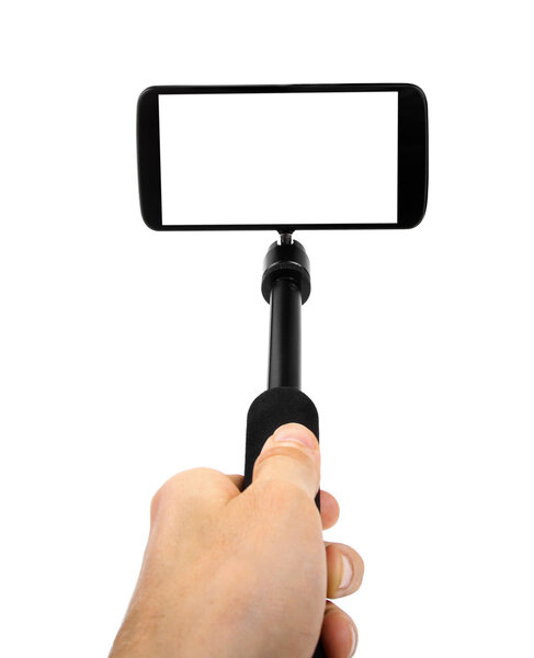 taking selfie - hand hold monopod with mobile phone