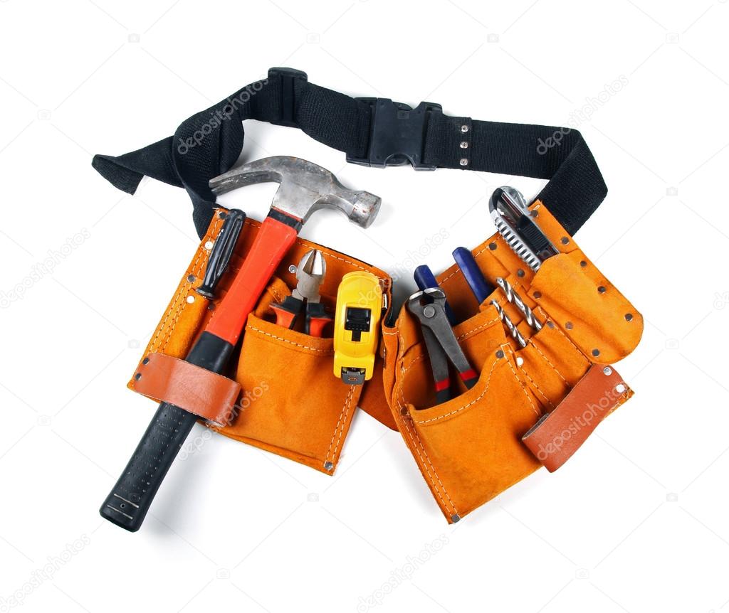 toolbelt with various tools isolated on white