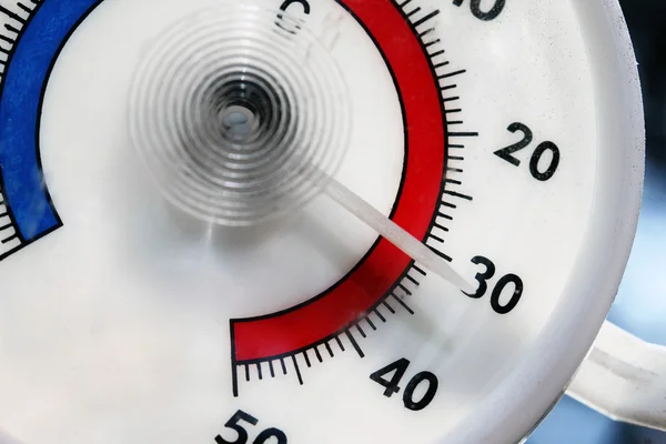 Hot weather - closeup of outdoor thermometer — Stock Photo, Image