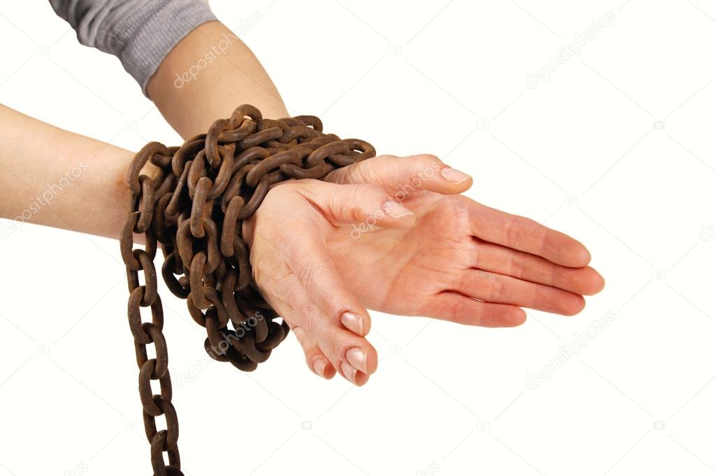 hands tied with chain, isolated on white