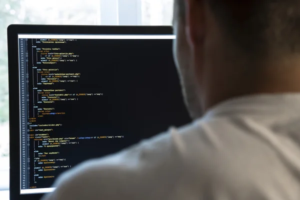 Programmer from behind and programming code on computer monitor — Stock Photo, Image