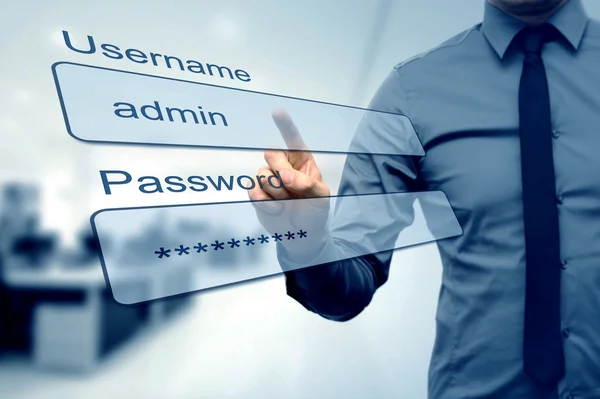 Login box - finger pushing username and password fields — Stock Photo, Image