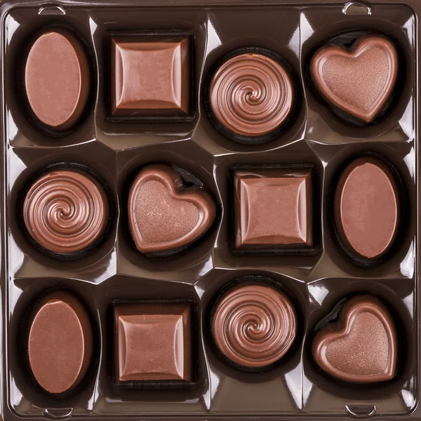 Assorted chocolate candy box, top view — Stock Photo, Image