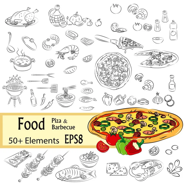 Vektor Sketch Set Pizza dan Fastfood - Stok Vektor