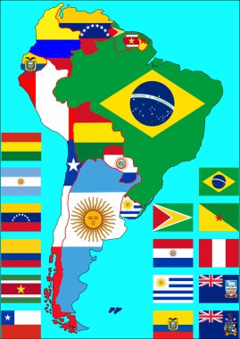Bayrakları ile Güney Amerika'nın siyasi harita