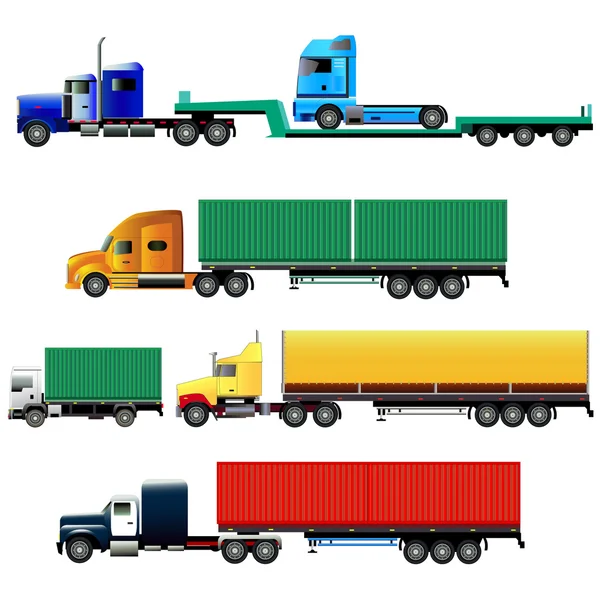 Set of freight trucks, side-view, vector illustration, isolated on white — Stock Vector