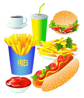 Fast food seti, beyaz arka plan üzerinde izole. Vektör çizim