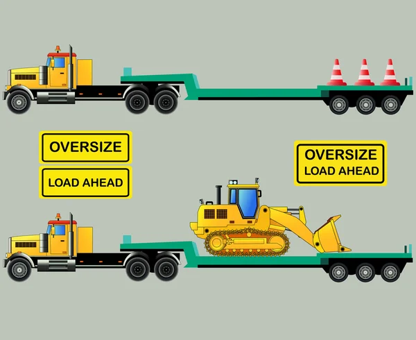 Túlméretes terhelés kamionok és pótkocsik, elszigetelt, vektor — Stock Vector