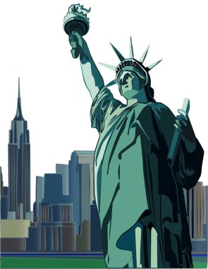 Özgürlük ve New York şehir manzarası, vektör çizim heykeli