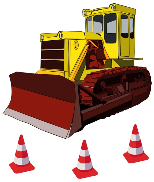 Bulldozer och väg kottar vektor illustration — Stock vektor