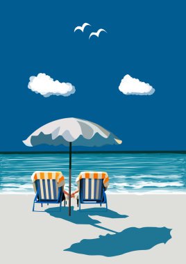Beach, happy couple sitting on deck chairs, under umbrealla, on vacation, vector illustration