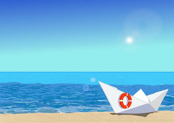 Paper boat on beach, vector illustration — 图库矢量图片