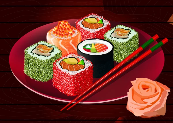 Sushi rolls on red plate, vector — Stock Vector