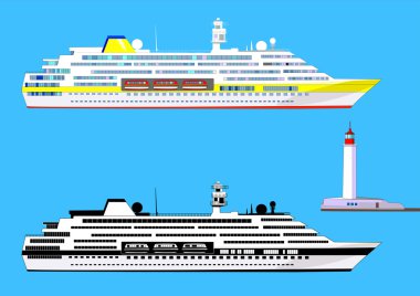 Cruise gemileri ve deniz feneri, üzerinde izole mavi, vektör