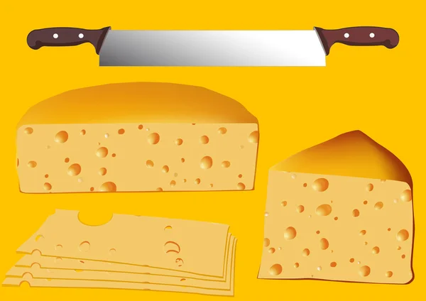 Conjunto de queijo com faca, vetor, isolado — Vetor de Stock