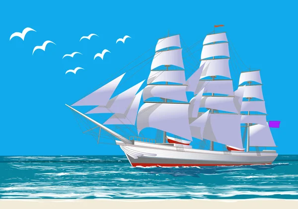 White sailing ship, with blue sky and gulls, vector illustration — Stock Vector