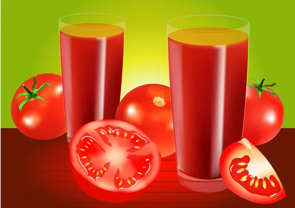 Jugo de tomate y tomates, ilustración vectorial — Vector de stock