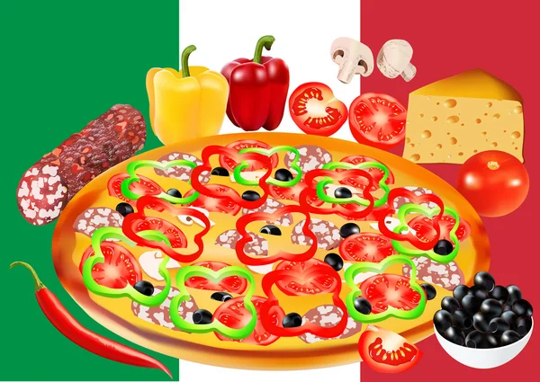 Pizza con diferentes ingredientes, con bandera de Italia — Vector de stock