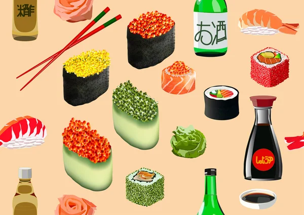 Sushi und japanische Küche Zutaten Muster, Vektor — Stockvektor