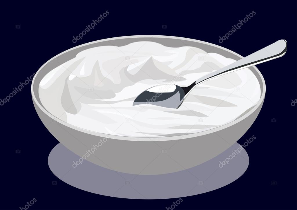 Sour cream with spoon, isolated on dark blue
