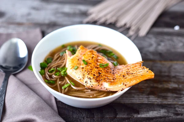 Bowl of soba noodle salmon asian soup — Stock Photo, Image