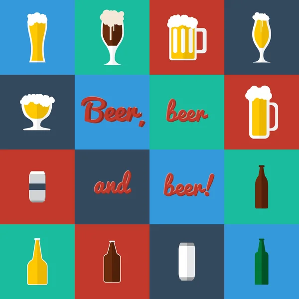 Flat set of beer glass and bottles icons — Stock Vector