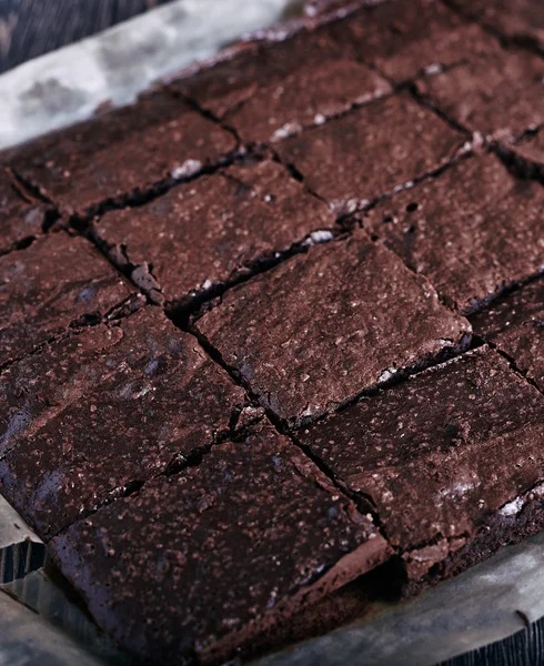 Chocolate brownie in pan from oven — Stock Photo, Image