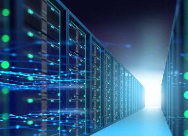 Koridor sunucu rafları merkezlerinde ile sunucu odası. 3D hasta