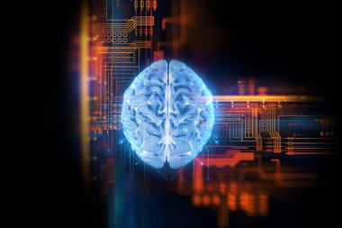 Teknoloji arka planında insan beyninin 3 boyutlu yorumlanması yapay zekayı ve siber uzay konseptini temsil ediyor.