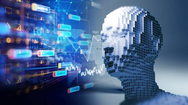 Yapay zekanın kavramsal illüstrasyonu, insan formu, 3D illüstrasyon