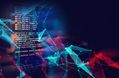 Yazılım geliştiricisi ve Bilgisayar betiği 3d illüstrasyonunun kod soyut teknoloji arka planı programlanıyor