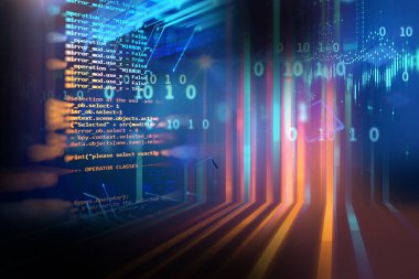 Yazılım geliştiricisi ve Bilgisayar betiği 3d illüstrasyonunun kod soyut teknoloji arka planı programlanıyor