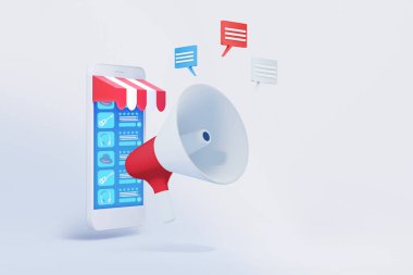 alışveriş uygulamalı cep telefonu ve megafon 3d illüstrasyon, çevrimiçi sho için pazarlama stratejisi kavramı