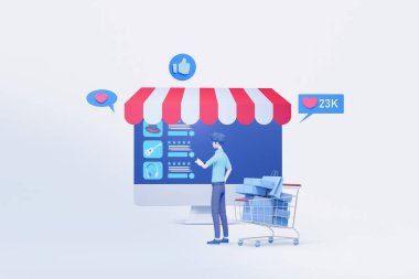 Çevrimiçi arayüz uygulama görüntüleme 3d illüstrasyonu olan adam alışverişi
