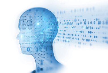 Yapay zekanın kavramsal geçmişi, insanlar ve siber iş programlama teknolojisi unsuru, 3D illüstrasyon