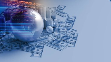 Bitcoins desteleri şifreleme para ve dünya ile para 3dillustrasyon kripto para, 3d illüstrasyon küresel ekonomi bozulma temsil