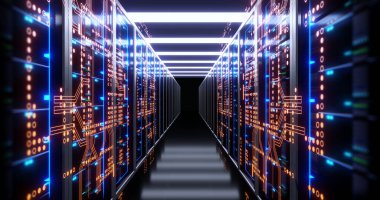 Telekomünikasyon donanımları, büyük veri depolama ve bulut bilgisayar teknolojisi kavramı tam veri merkezindeki sunucu odası 3D çizimi