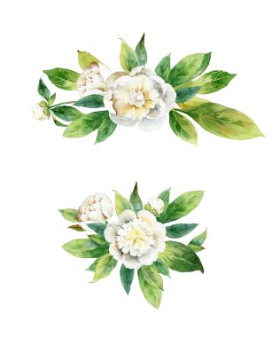 Beyaz peonies ve yeşil yaprakları ile suluboya çiçek boutonnieres