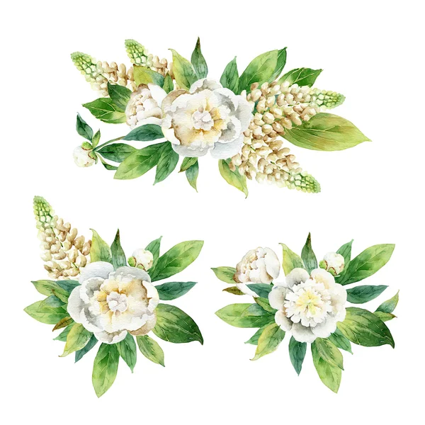 Beyaz peonies ve yeşil yaprakları ile suluboya çiçek boutonnieres — Stok fotoğraf