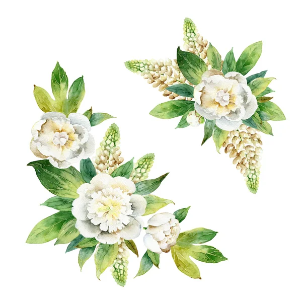 Акварельная цветочная композиция с белыми пионами и люпином — стоковое фото
