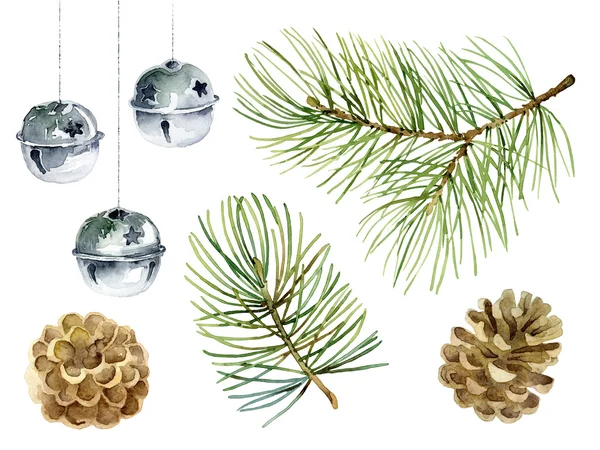 New Year set of pine branches, balls and cones — Stock Photo, Image