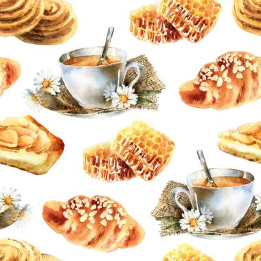 Watercolor seamless pattern with pastries, sweet honey and tea