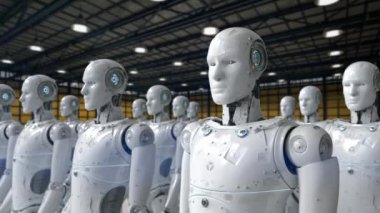 3D görüntüleme robot montajı veya 4k fabrika görüntülerinde bir grup cyborg
