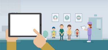 Diş kliniği düz tasarım vektör illüstrasyonunda boş ekran tableti