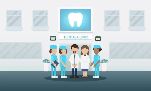 Clinique Dentaire Avec Illustration Vectorielle Conception Plate Personnel Médical — Image vectorielle