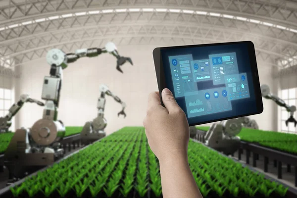 Concetto Tecnologia Agricola Con Controllo Umano Braccio Robotico Rendering Con — Foto Stock