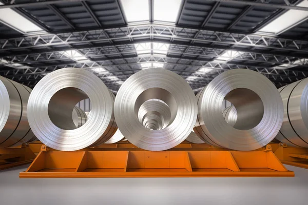 3d rendering roll of steel sheets in factory