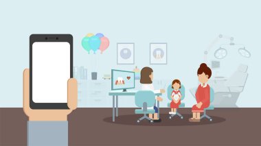 Diş kliniğinde boş ekran mobil düz tasarım vektör çizimi